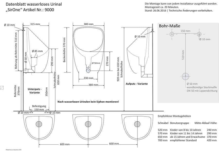 Maßblatt wasserloses Urinal SirOne Gfk